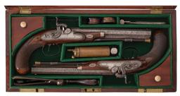 Cased Pair of Mortimer Half-Stock Percussion Dueling Pistols