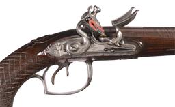 Pair of Silver Mounted Durs Egg Double Barrel Flintlock Pistols