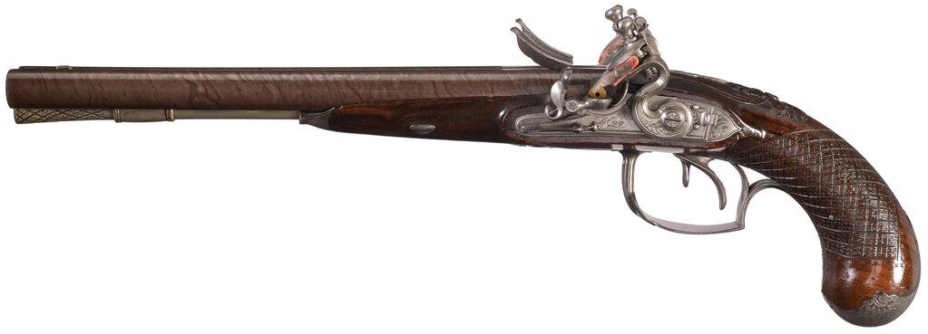 Pair of Silver Mounted Durs Egg Double Barrel Flintlock Pistols