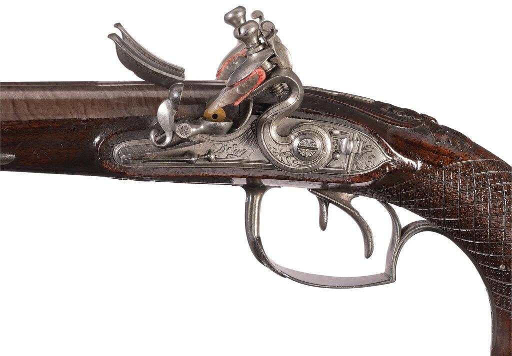 Pair of Silver Mounted Durs Egg Double Barrel Flintlock Pistols