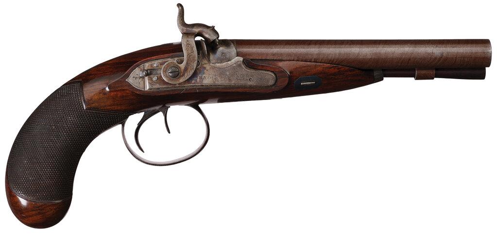 Cased H. Nock Double Barrel Percussion Pistol