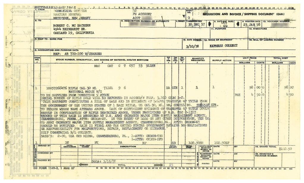 U.S. Springfield Armory Type 1 NM M1 Garand Rifle with Invoice