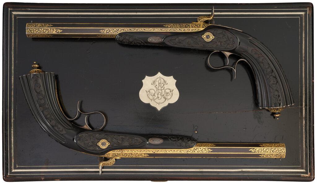 Cased Pair of French Prelat Percussion Pistols