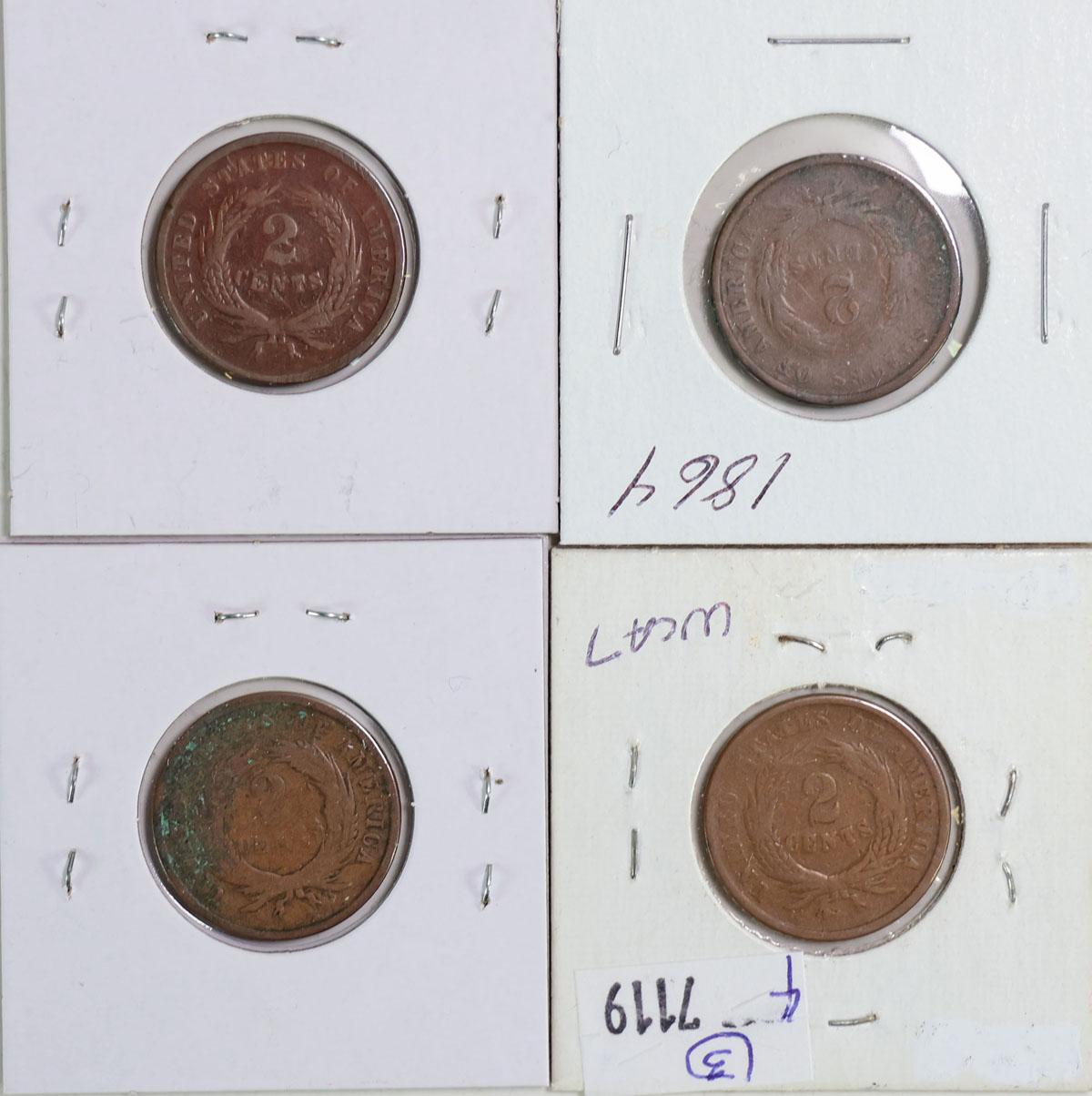 4 U.S. 2 Cent Pieces; 2-1864, 2-1865