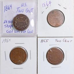 4 U.S. 2 Cent Pieces; 2-1864, 2-1865