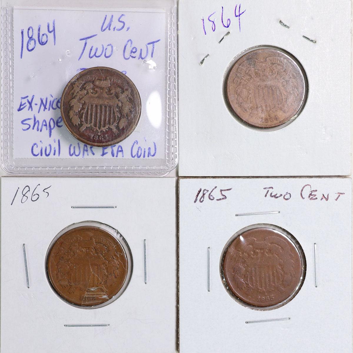 4 U.S. 2 Cent Pieces; 2-1864, 2-1865