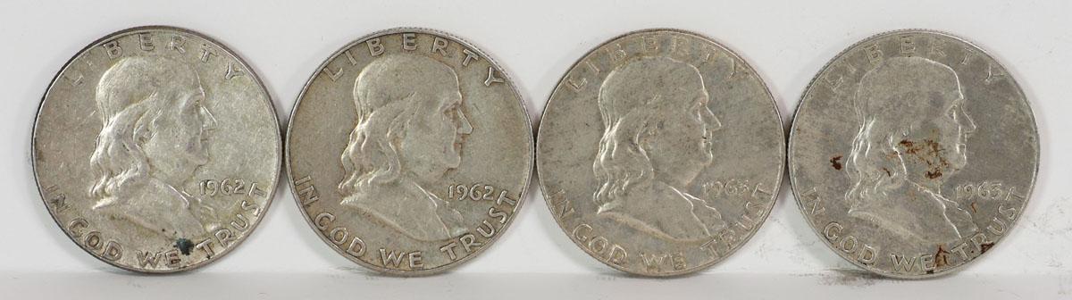 4 Franklin Silver Half Dollars; 2-1962-D, 2-1963-D