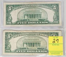 2 - $5 1934A & 1934D Blue Seal Silver Certificates