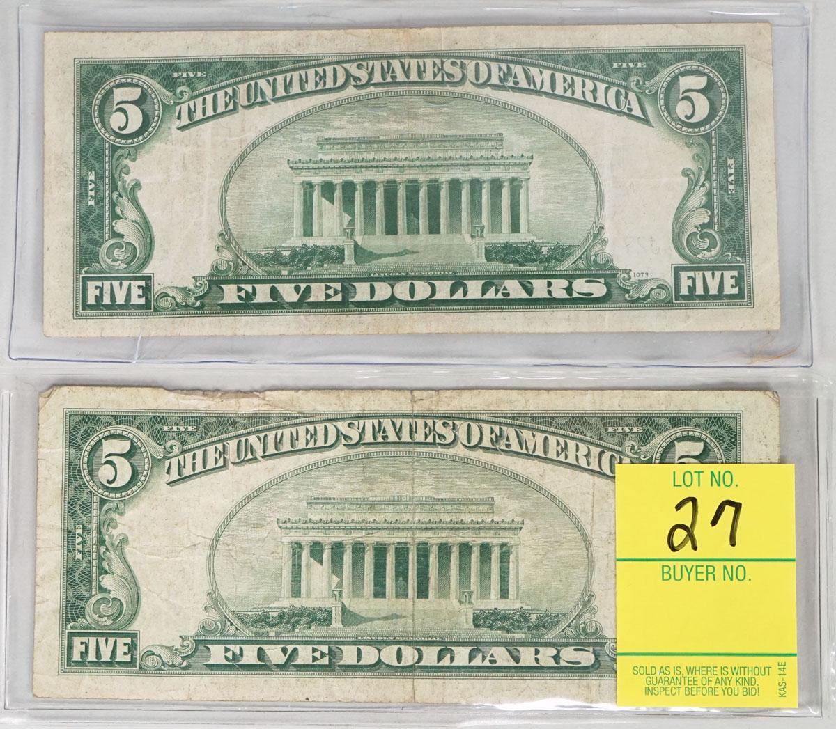 2 - $5 1934A & 1934D Blue Seal Silver Certificates