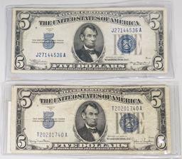 2 - $5 1934A & 1934D Blue Seal Silver Certificates