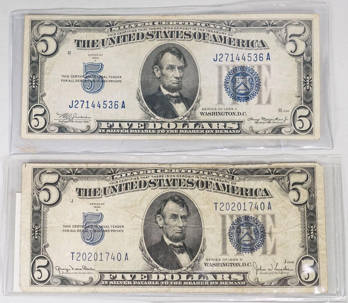 2 - $5 1934A & 1934D Blue Seal Silver Certificates