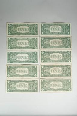 10 $1 Series of 1957 Blue Seal Silver Certificates