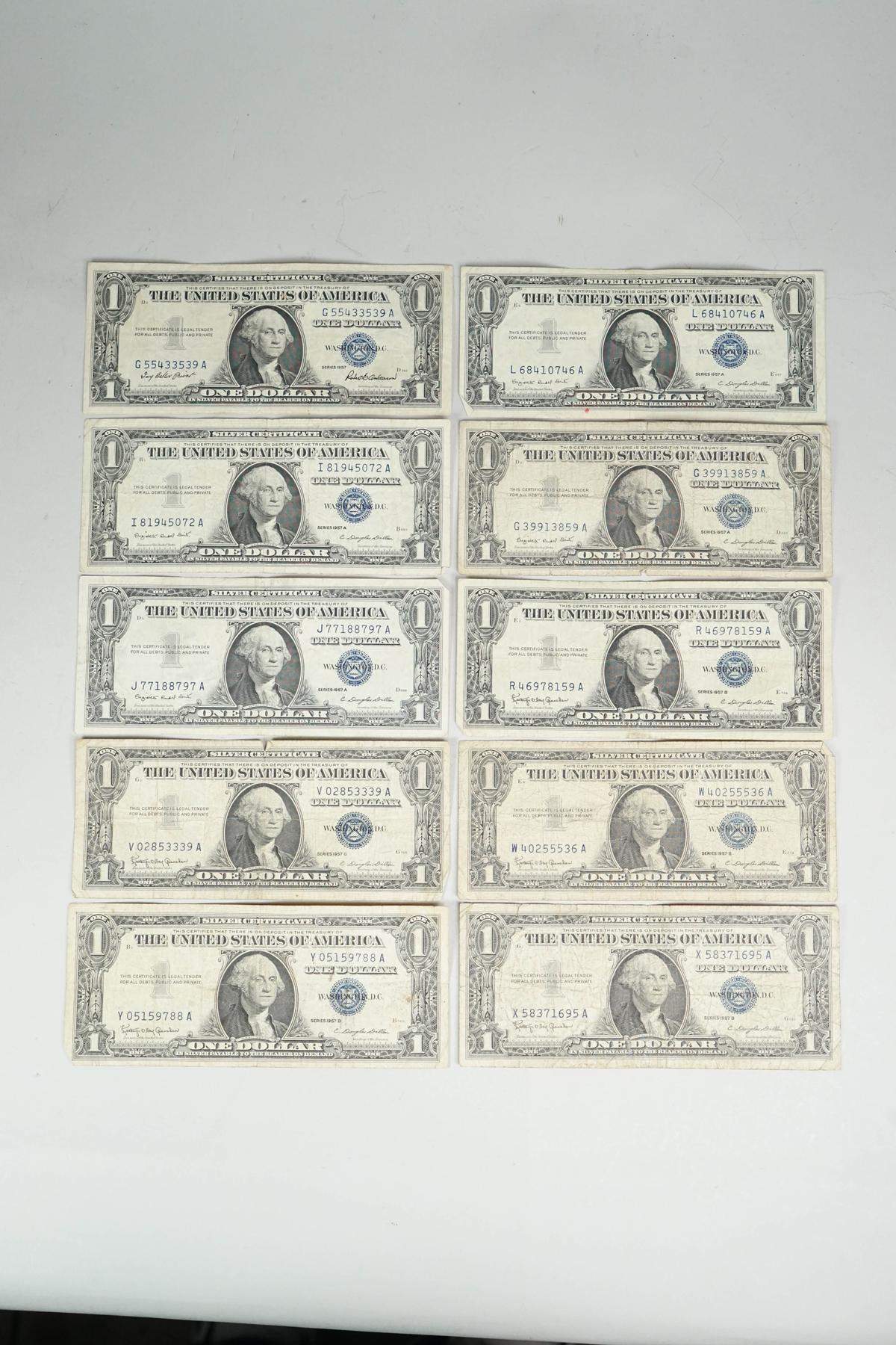 10 $1 Series of 1957 Blue Seal Silver Certificates