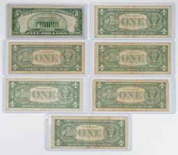 1934 $5 Green Seal Reserve Note, 6 1957 $1 Silver Certificates