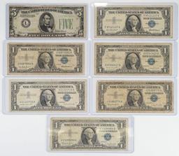 1934 $5 Green Seal Reserve Note, 6 1957 $1 Silver Certificates