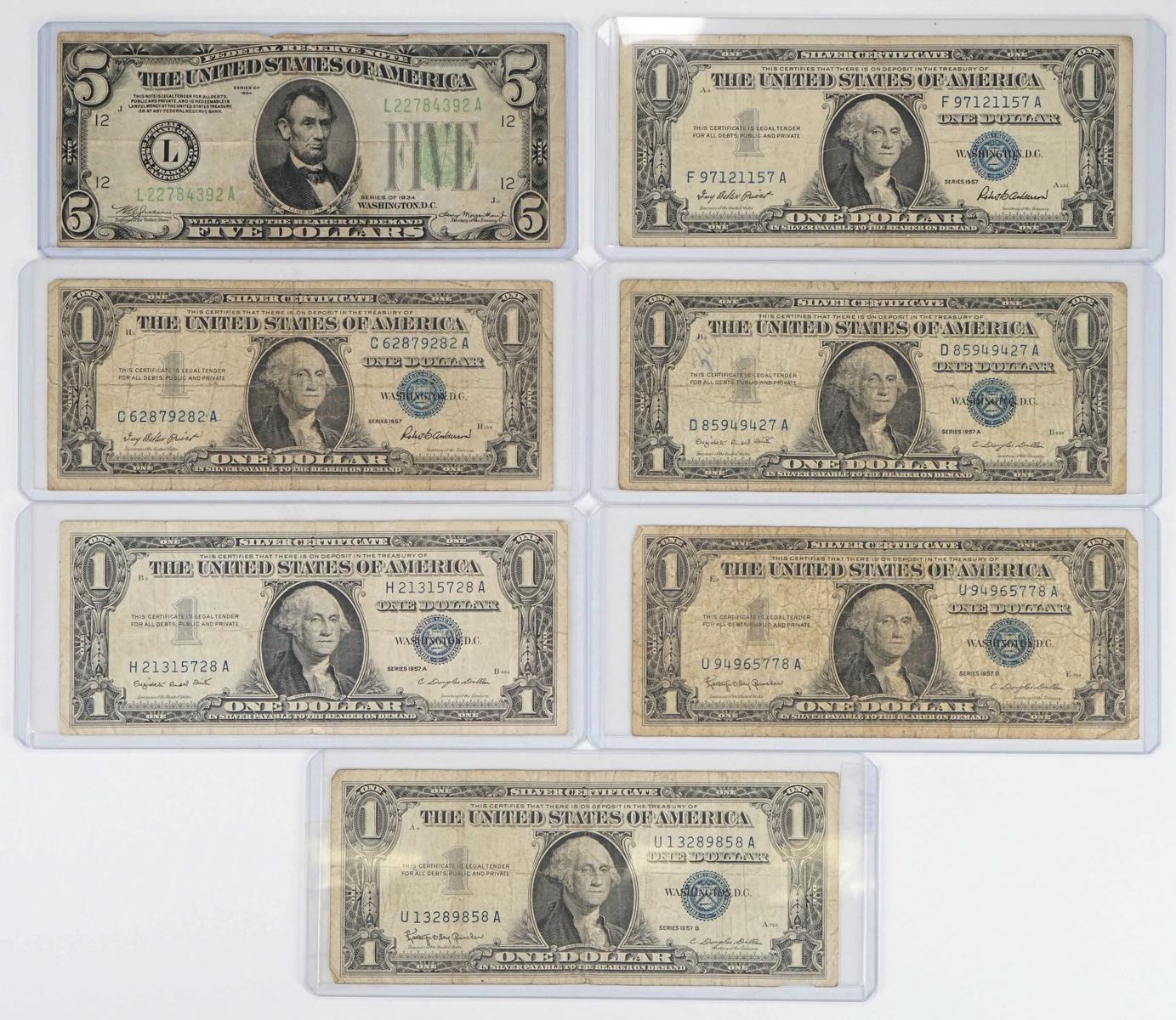 1934 $5 Green Seal Reserve Note, 6 1957 $1 Silver Certificates