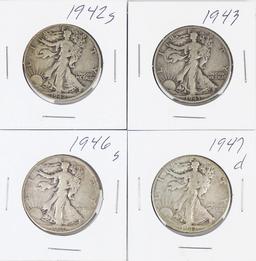 4 Walking Liberty Half Dollars: 1942-S,1943,1946-S,1947-D