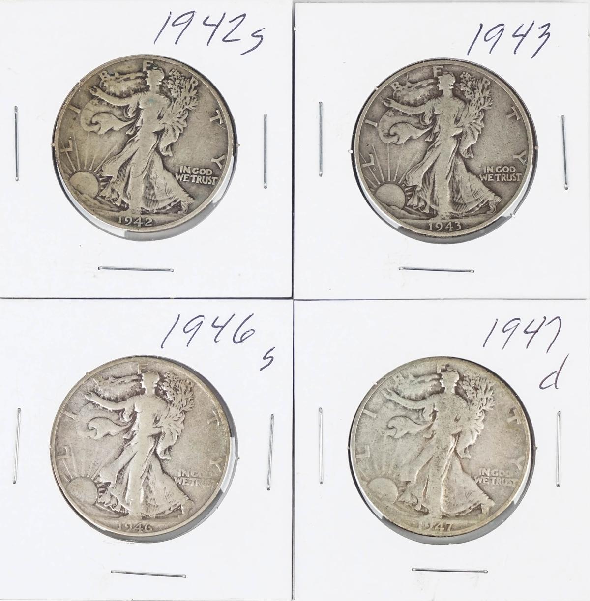 4 Walking Liberty Half Dollars: 1942-S,1943,1946-S,1947-D