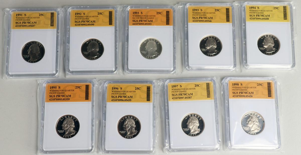 9 Washington Quarter "Proof Cameo" Coins, 1991S - 1998S