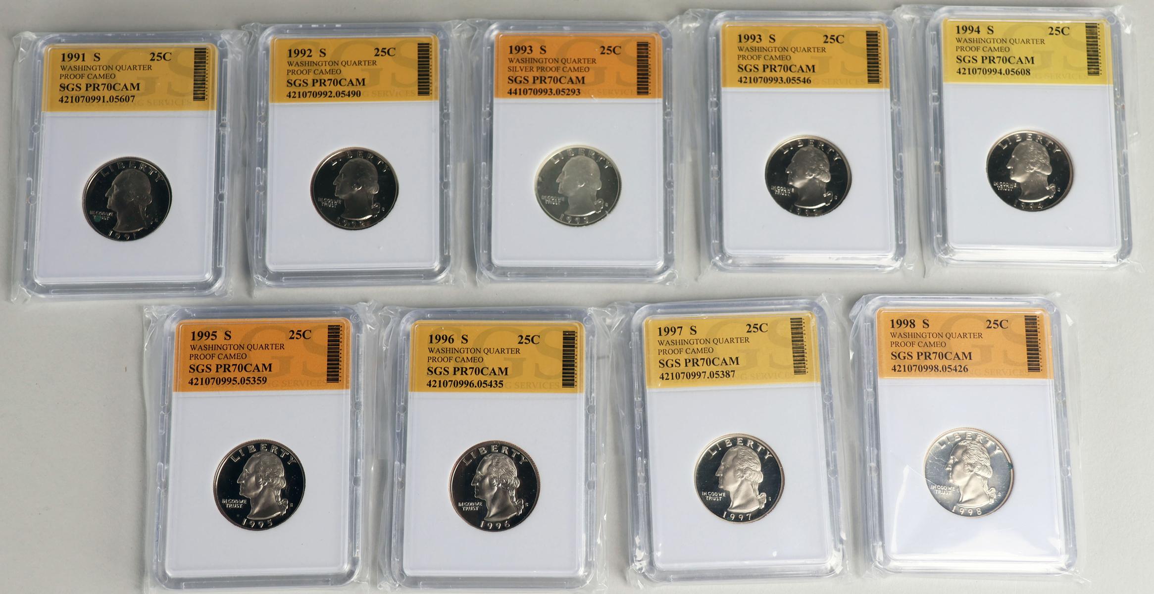 9 Washington Quarter "Proof Cameo" Coins, 1991S - 1998S