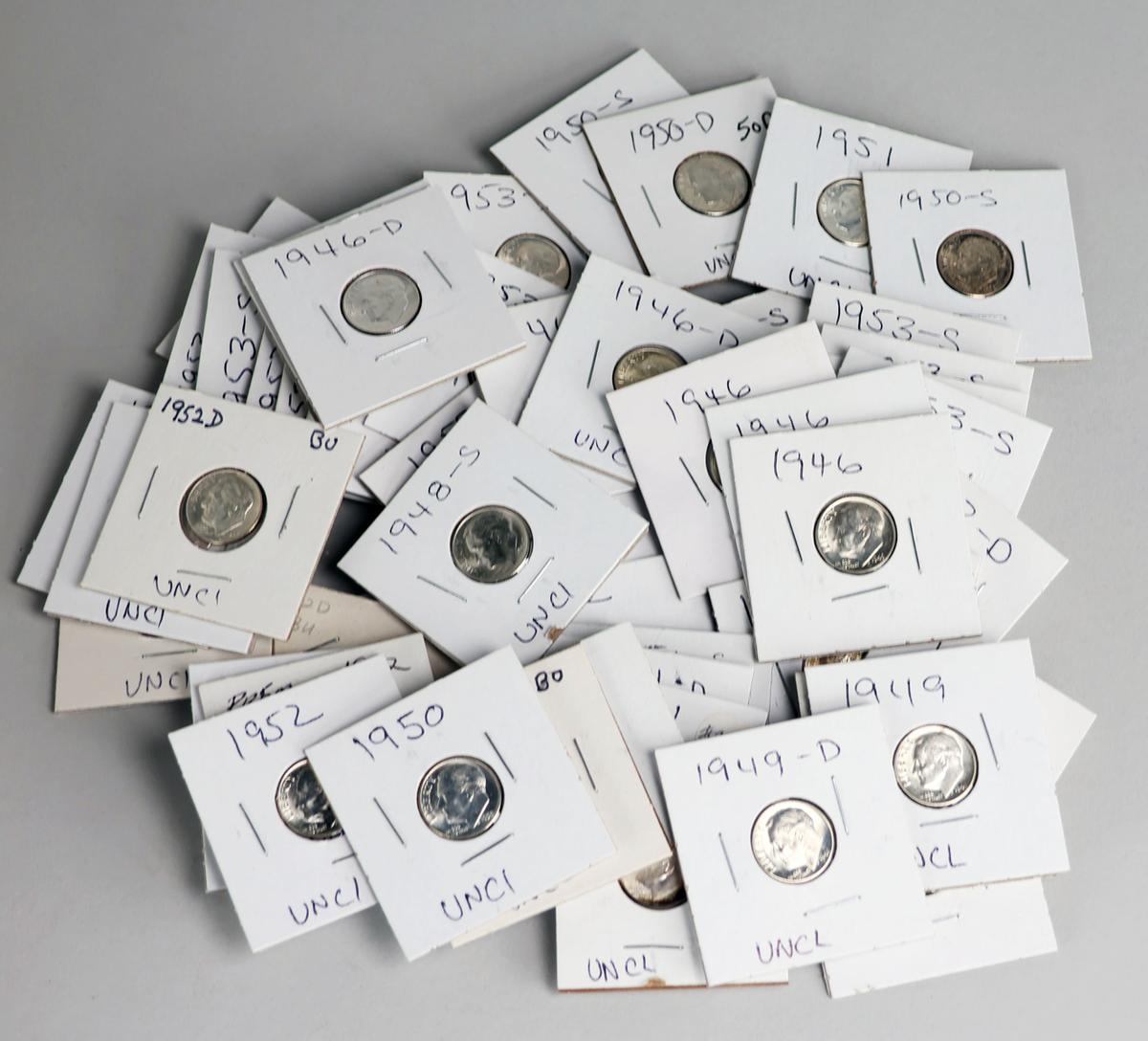 55 Silver (90%) Dimes, Ca. 1946 - 1953