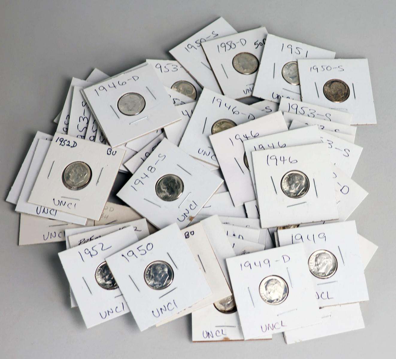 55 Silver (90%) Dimes, Ca. 1946 - 1953