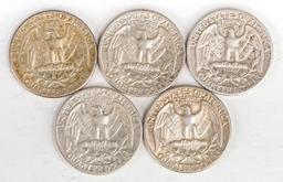 5 Washington Silver Quarters (1954-D,1962-D, 1964-P, & 2-1964-D)