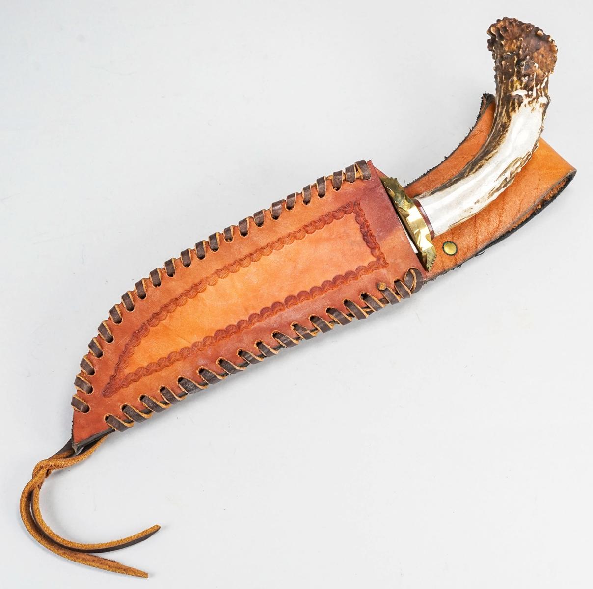 Custom Made Antler Handle Bowie Knife w/ Sheath
