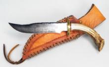 Custom Made Antler Handle Bowie Knife w/ Sheath