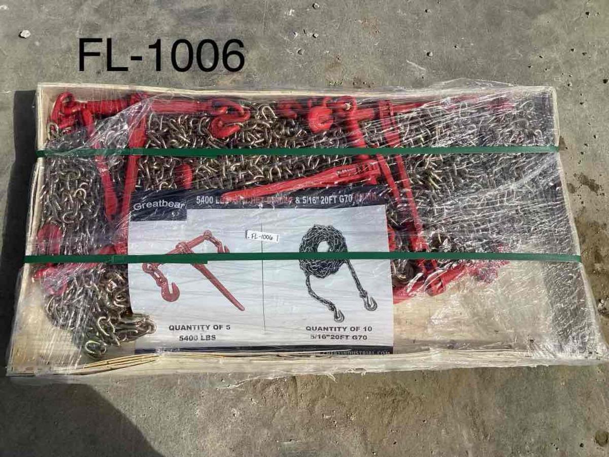 Unused 2024 Greatbear Qty of (5) 5400LBS Ratchet binder and Qty of (10) 5/16" 20FT G70 chain
