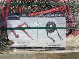 Unused 2024 Greatbear Qty of (5) 5400LBS Ratchet binder and Qty of (10) 5/16" 20FT G70 chain
