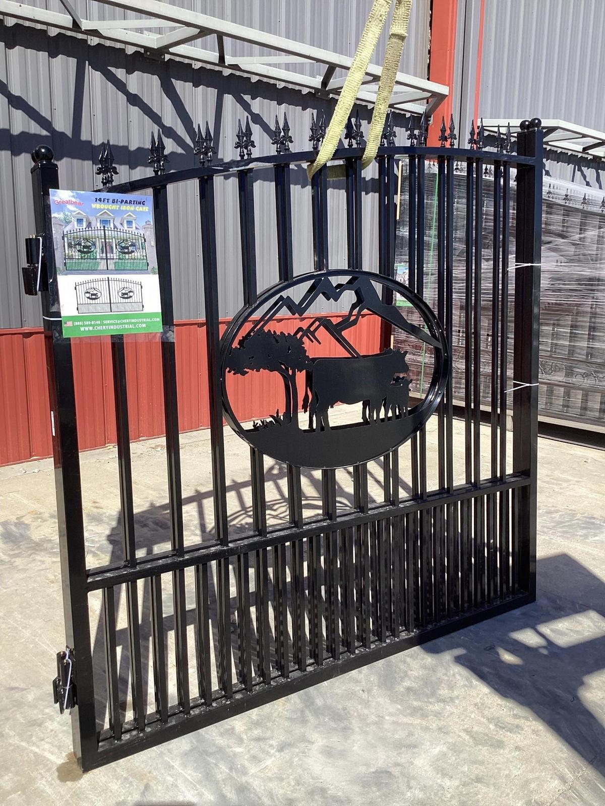 Unused 2024 Greatbear 14ft Bi-Parting Iron Gate w/ Ox artwork at center