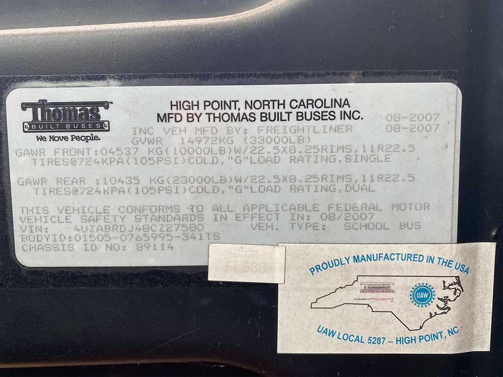 2007 Thomas School Bus  Freightliner Chassis, MBE-900 Diesel (Non-Running)