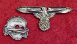 Set of Silver SS Eagle & Skull Badges