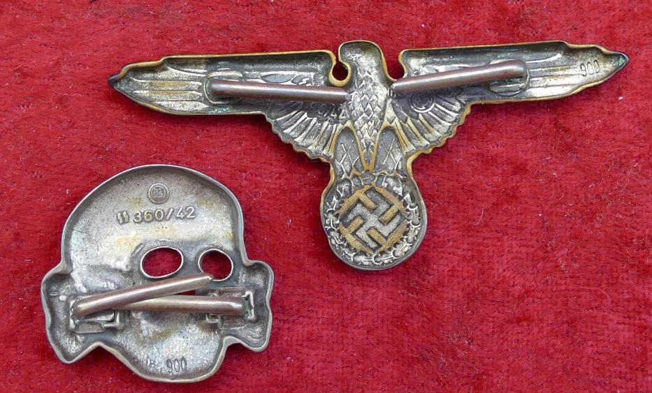 Set of Silver SS Eagle & Skull Badges