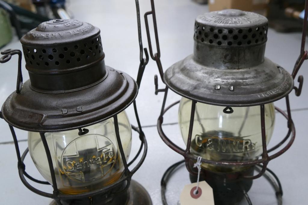Pair of Embossed Santa Fe & C & N. W. RR Lanterns