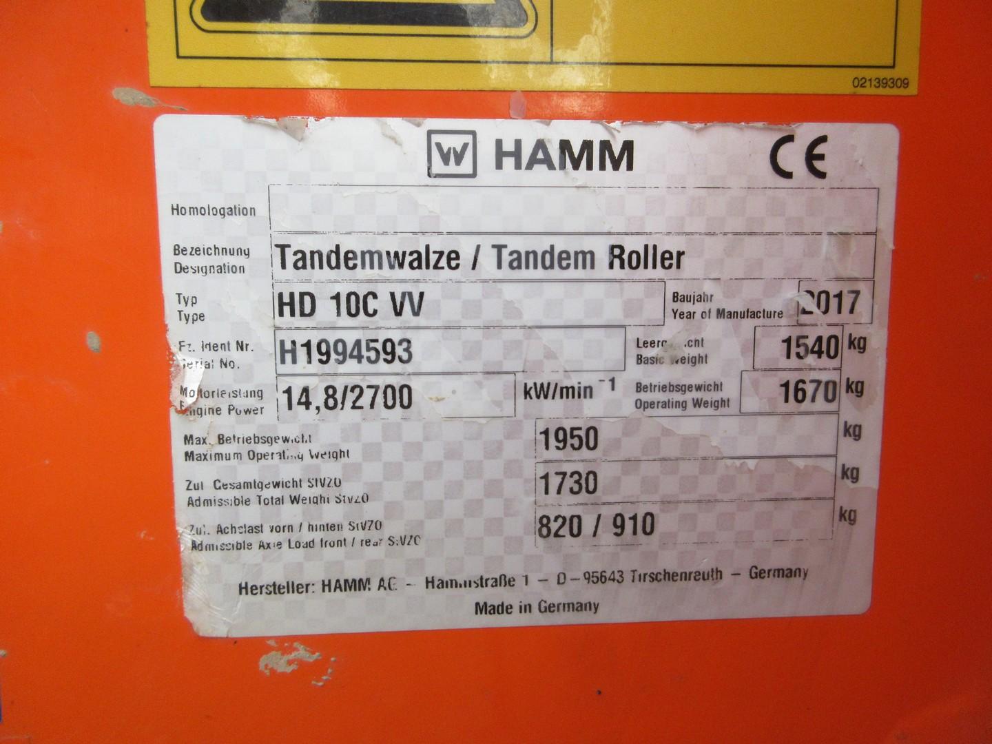 2017 Hamm HD10CVV Double Drum Vibratory Roller
