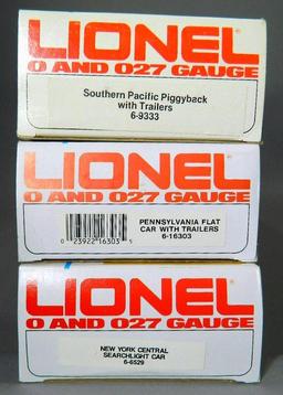 Lionel O & O27 Southern Pacific Piggyback and Penna Flat Cars with Trailers, and NYC Searchlight Car