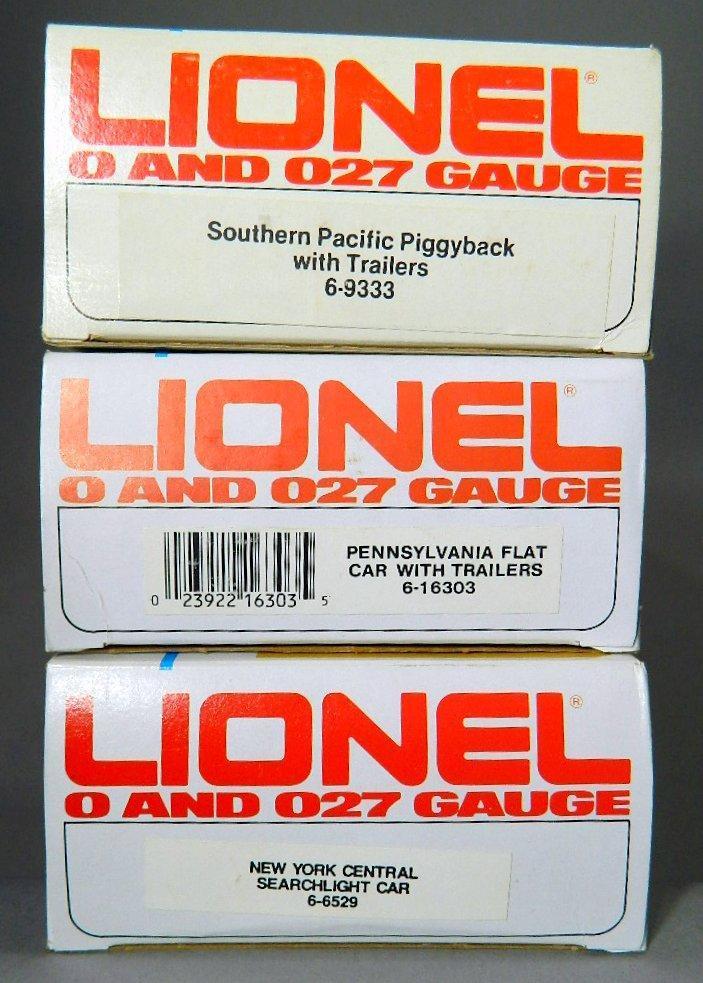 Lionel O & O27 Southern Pacific Piggyback and Penna Flat Cars with Trailers, and NYC Searchlight Car