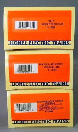 Lionel 'Katy'...Liquidfied Oxygen Car, Erie Four-Bay Hopper with Coal Load, and SP Flatcar with Load