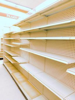 Gondola Shelving: Aisle Unit, 22'6" Long, 7 Bases, 23 Shelves