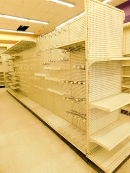 Gondola Shelving: 24' Long, 10 Bases, 1 Wire Display, 37 Shelves
