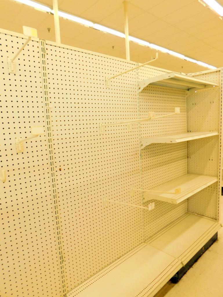 Gondola Shelving: Aisle Unit, 11'4" Long, 5 Bases, 1 Wire Display, 22 Shelves
