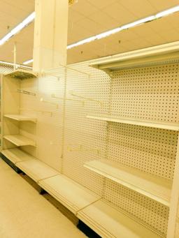 Gondola Shelving: Aisle Unit, 11'4" Long, 5 Bases, 1 Wire Display, 22 Shelves