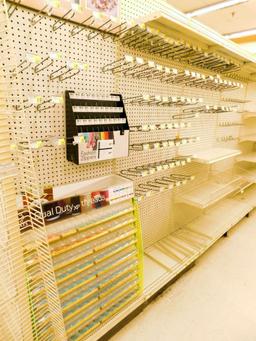 Gondola Shelving: Aisle Unit, 23'8" Long, 10 Bases, 17 Wire Displays, 67 Cones, 32 Shelves