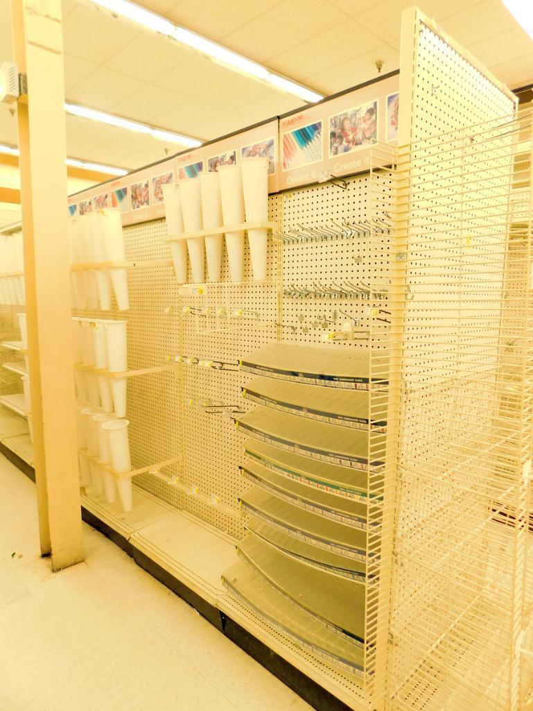 Gondola Shelving: Aisle Unit, 23'8" Long, 10 Bases, 17 Wire Displays, 67 Cones, 32 Shelves
