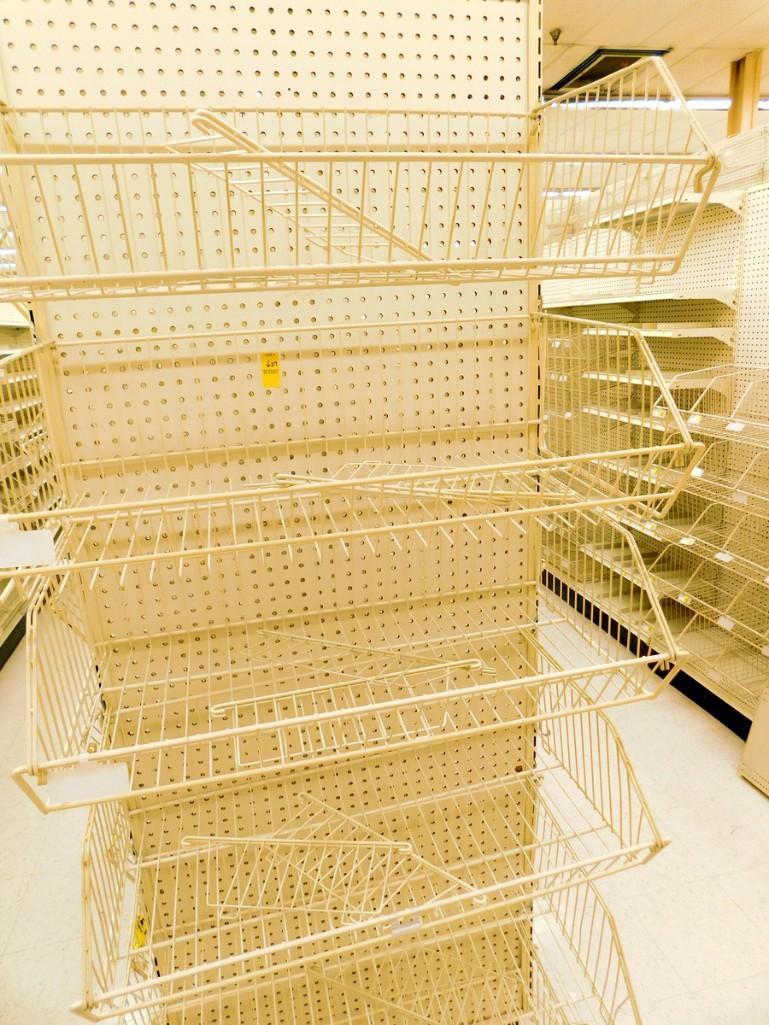 Gondola Shelving: Aisle Unit, 23'8" Long, 10 Bases, 135 Wire Displays, 4 Shelves