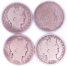 Barber Silver Half Dollar Coins, (4)