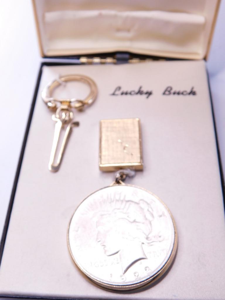 Swank Lucky Buck Silver Peace Dollar Keychain w/Case