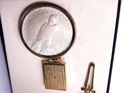 Swank Lucky Buck Silver Peace Dollar Keychain w/Case
